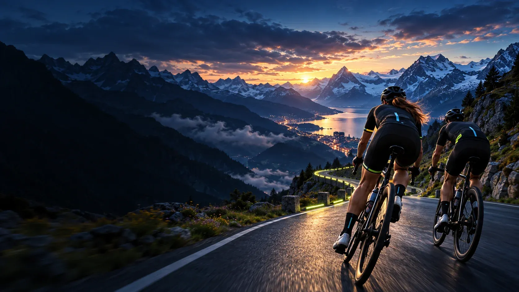 Two riders on an alpine road at dusk, snowy peaks and a lake behind them