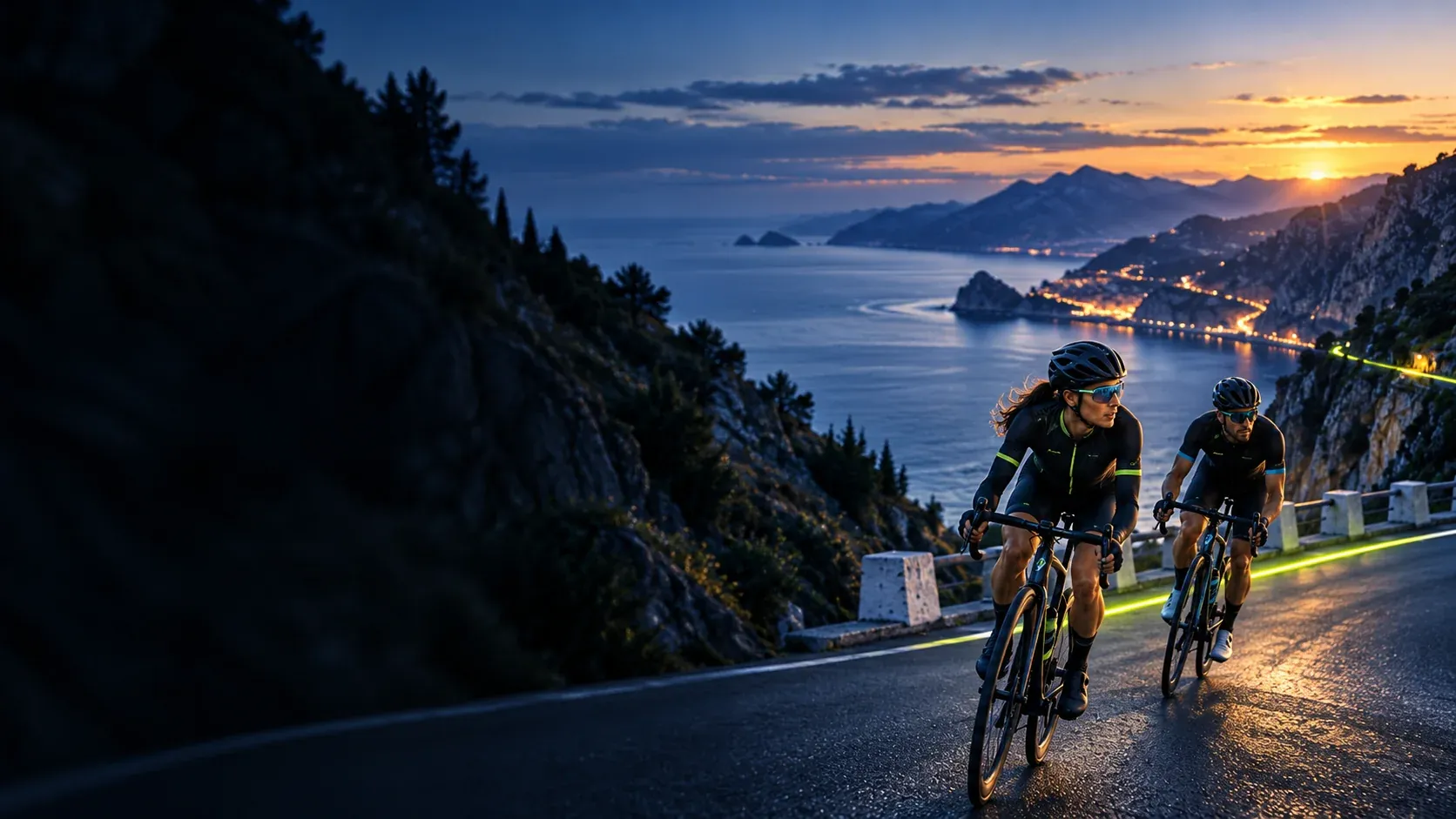 Two riders climbing a coastal road at dusk, the shoreline lit below them