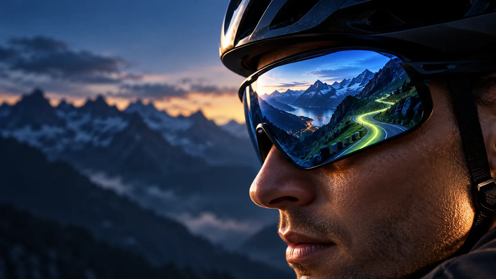 A rider’s visor, close up, reflecting a mountain road lit in lime at dusk