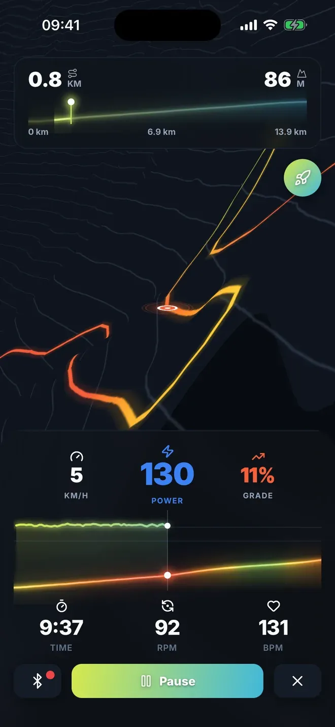 The Wattz GPX Simulator mid-climb on Alpe d’Huez: 11% grade, 130 W, the hairpins ahead drawn on the map