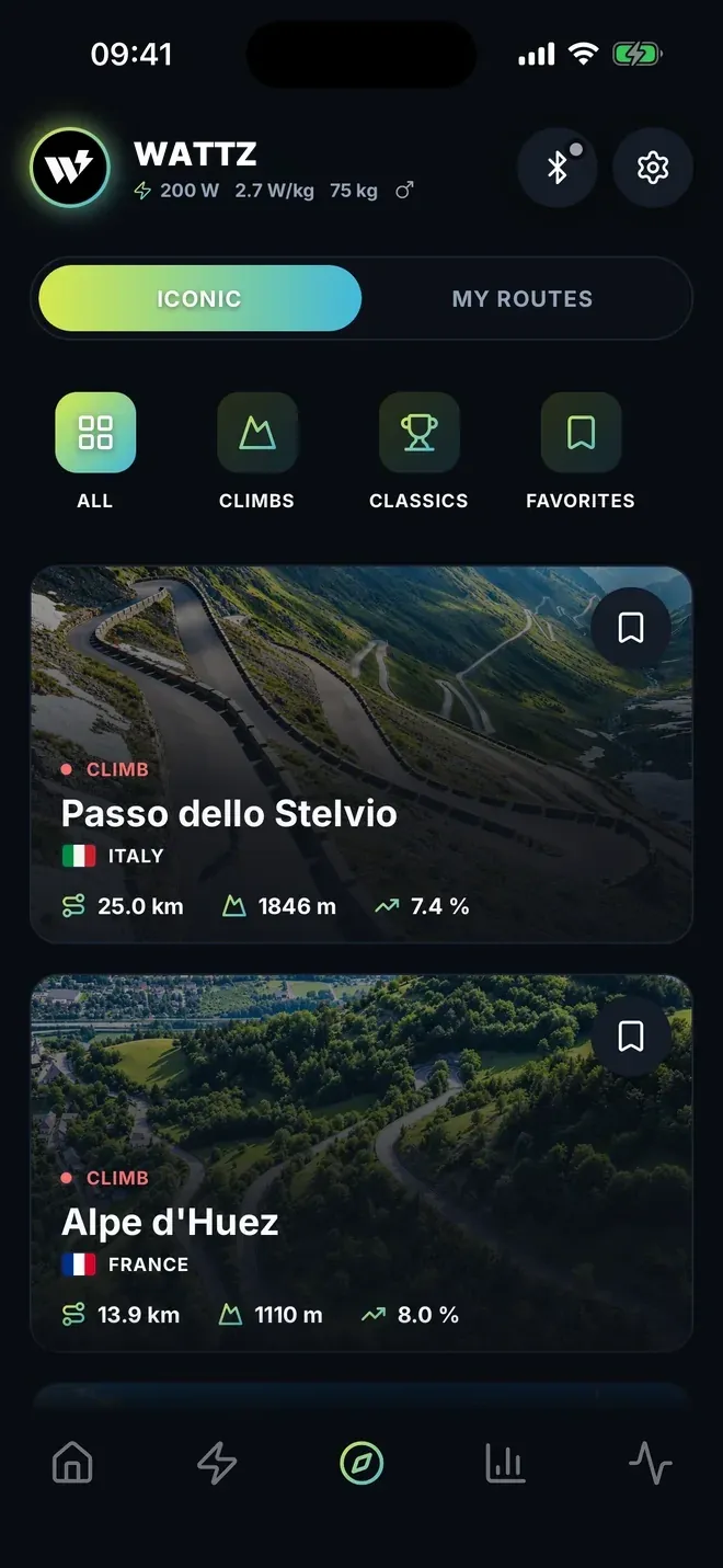The iconic courses shelf in Wattz: Passo dello Stelvio, 25.0 km and 1846 m, and Alpe d’Huez, 13.9 km and 1110 m